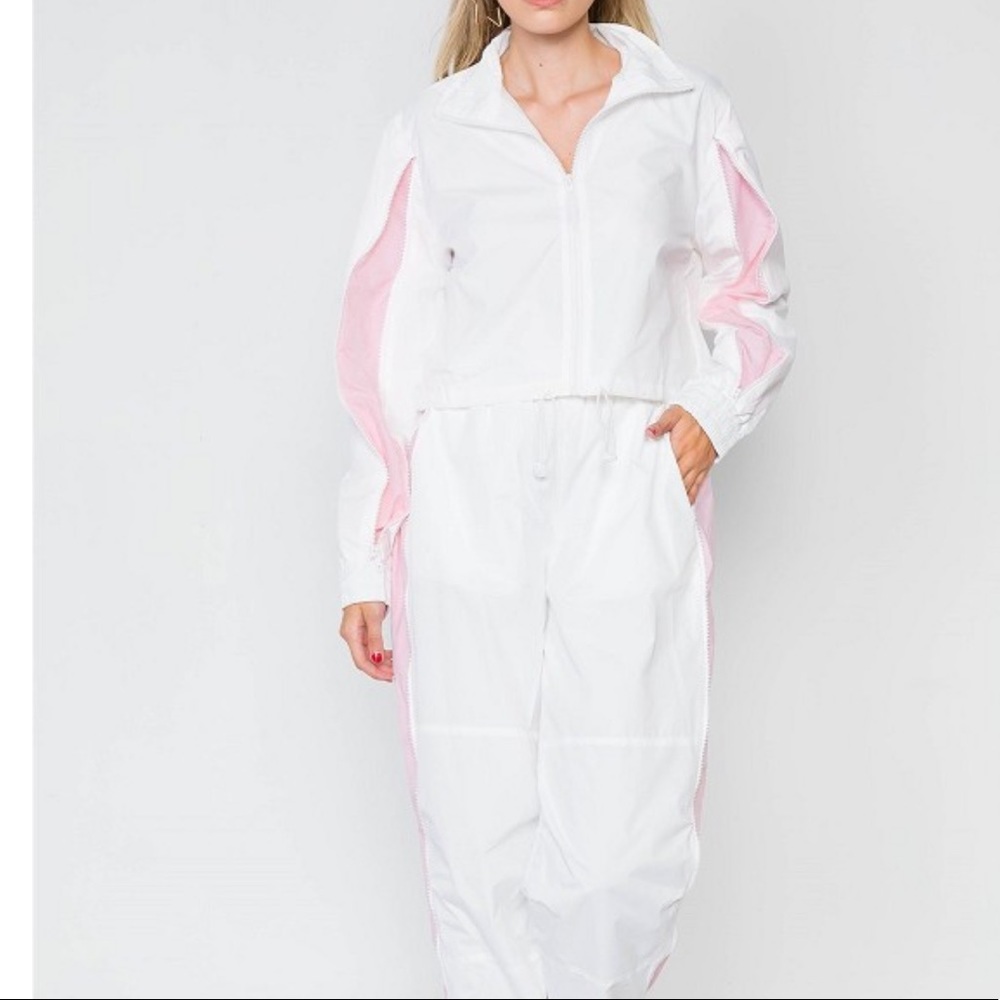 Colorblock windbreaker pink & whit jacket pant set